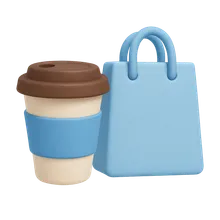 Hospitality and retail illustration: coffee cup and shopping bag