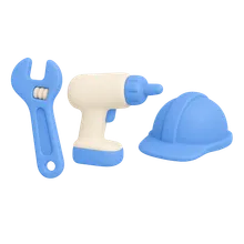Tradie tools illustration: spanner, drill and hard hat