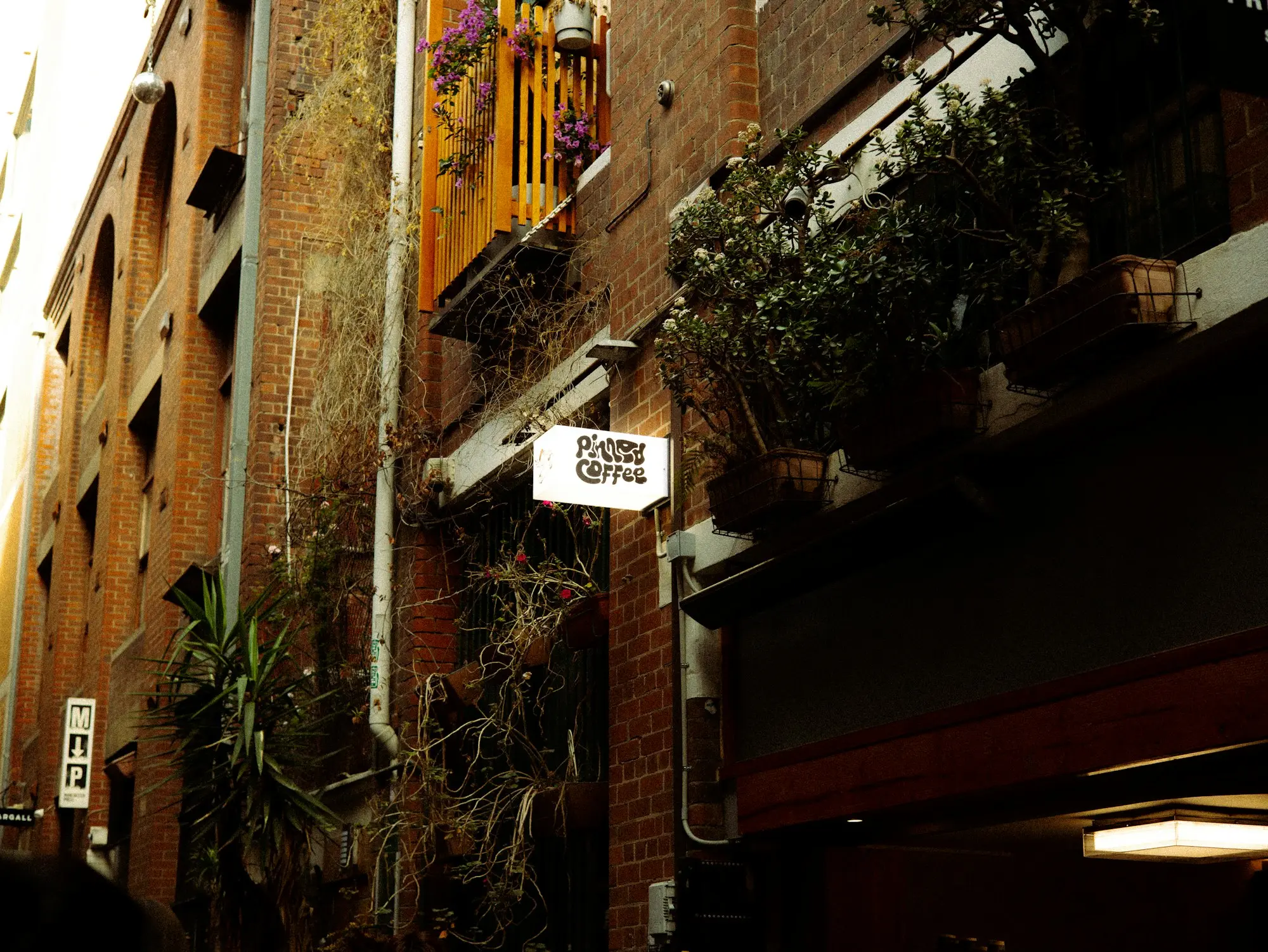 Narrow Melbourne laneway with brick walls, potted plants and a small business sign
